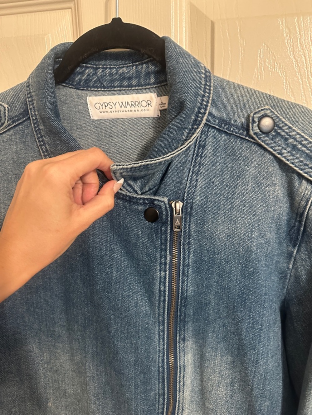 Gypsy Warrior Asymmetrical Full-Zip Denim Jean Jacket, Medium Blue Wash, Sz XL - Picture 6 of 16